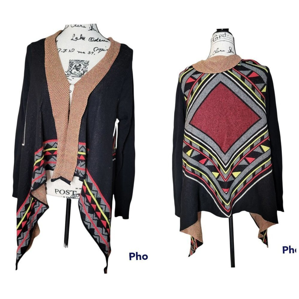 Outfitters Black Bohemian Geometric Aztec Asymmetric Cardigan Sweater - Size M